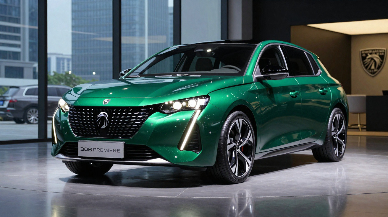 Carro hatch verde Peugeot 308 Premiere exposto em showroom moderno com janelas grandes.