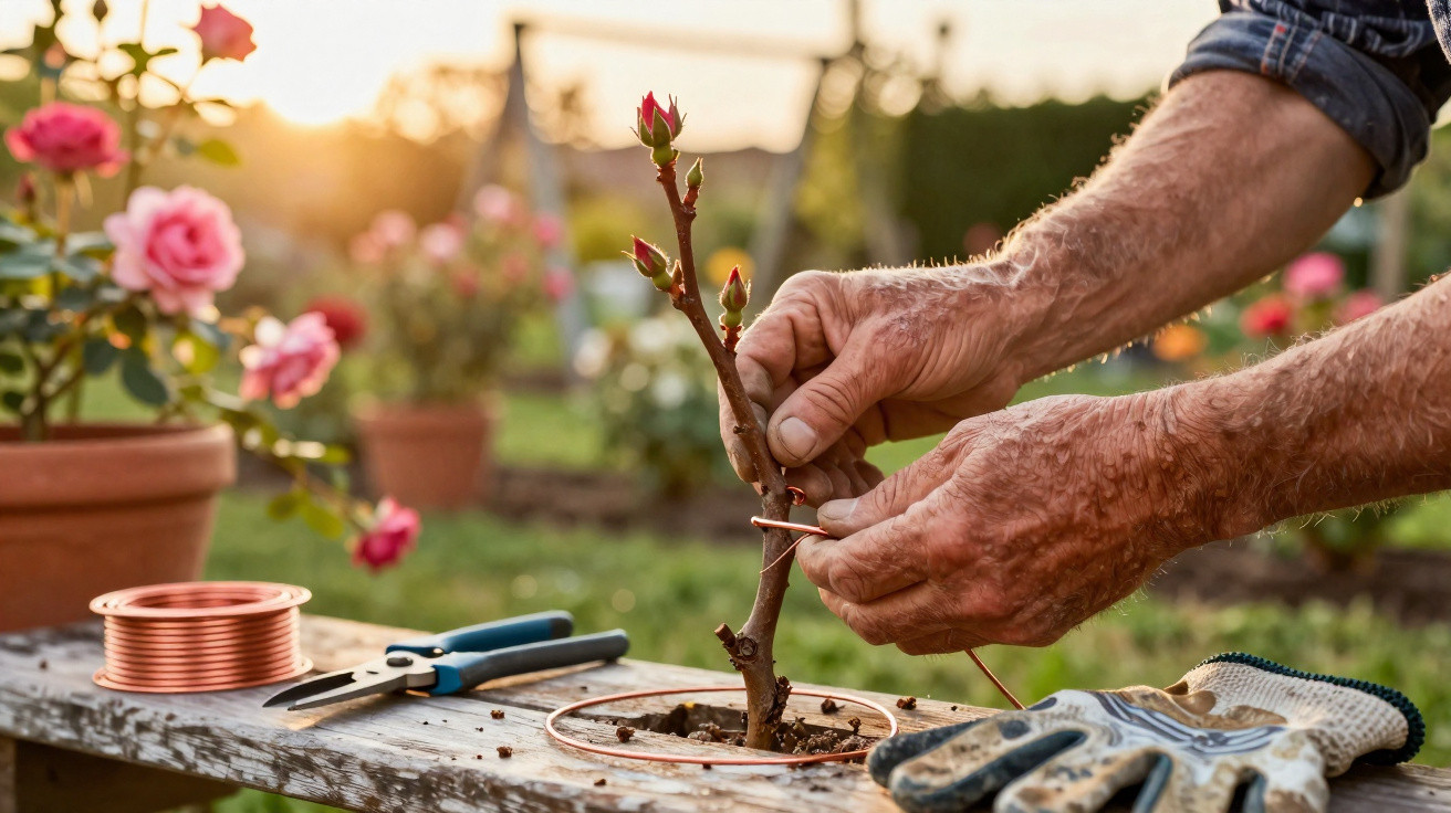 Mãos de idoso amarrando arame em muda de rosa no jardim ao entardecer, com ferramentas sobre a mesa de madeira.