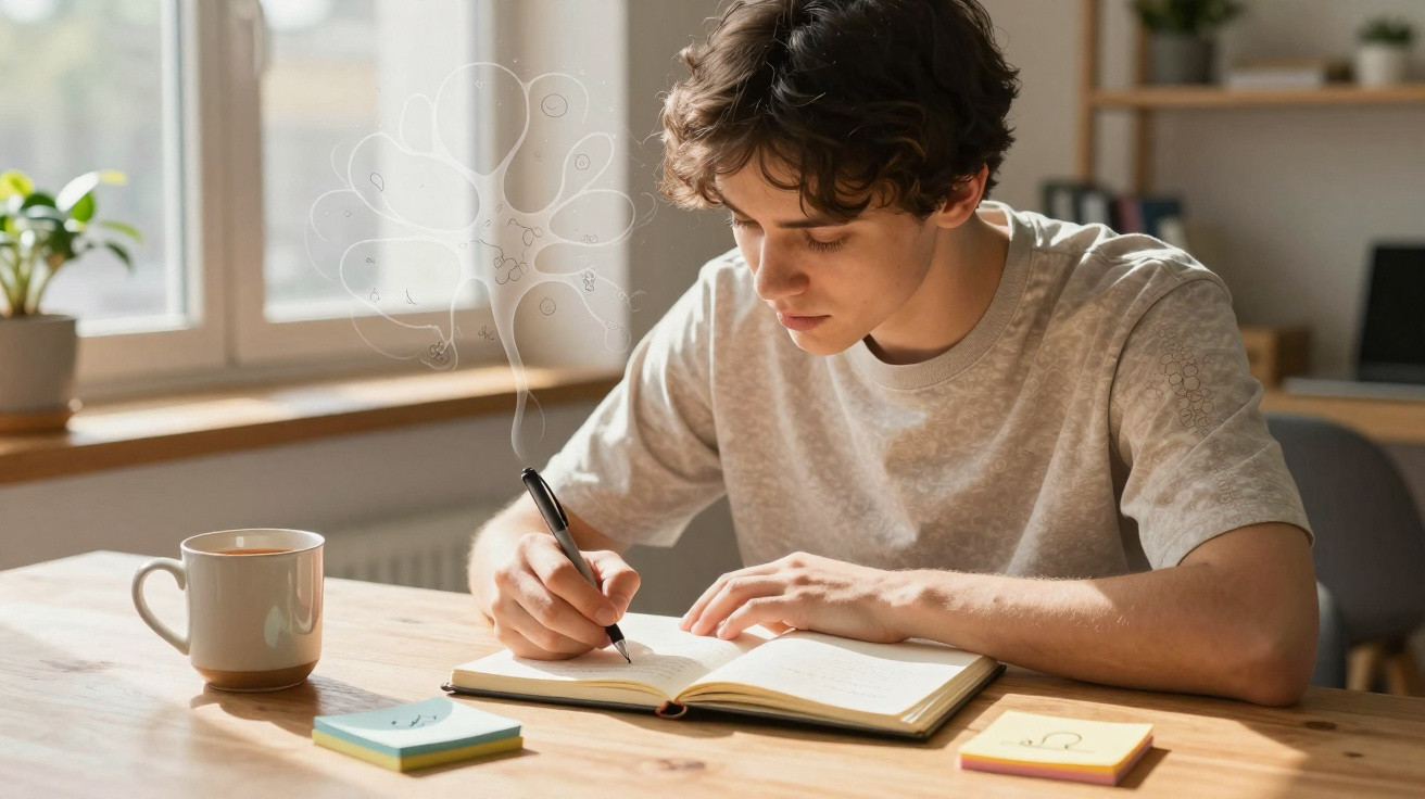 Jovem escrevendo em caderno em mesa com caneca e blocos de anotações em ambiente iluminado.