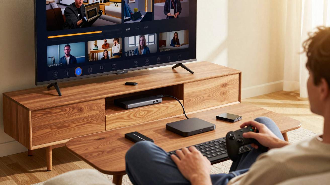 Pessoa sentada na sala assistindo TV com controle de videogame e teclado na mesa de madeira.