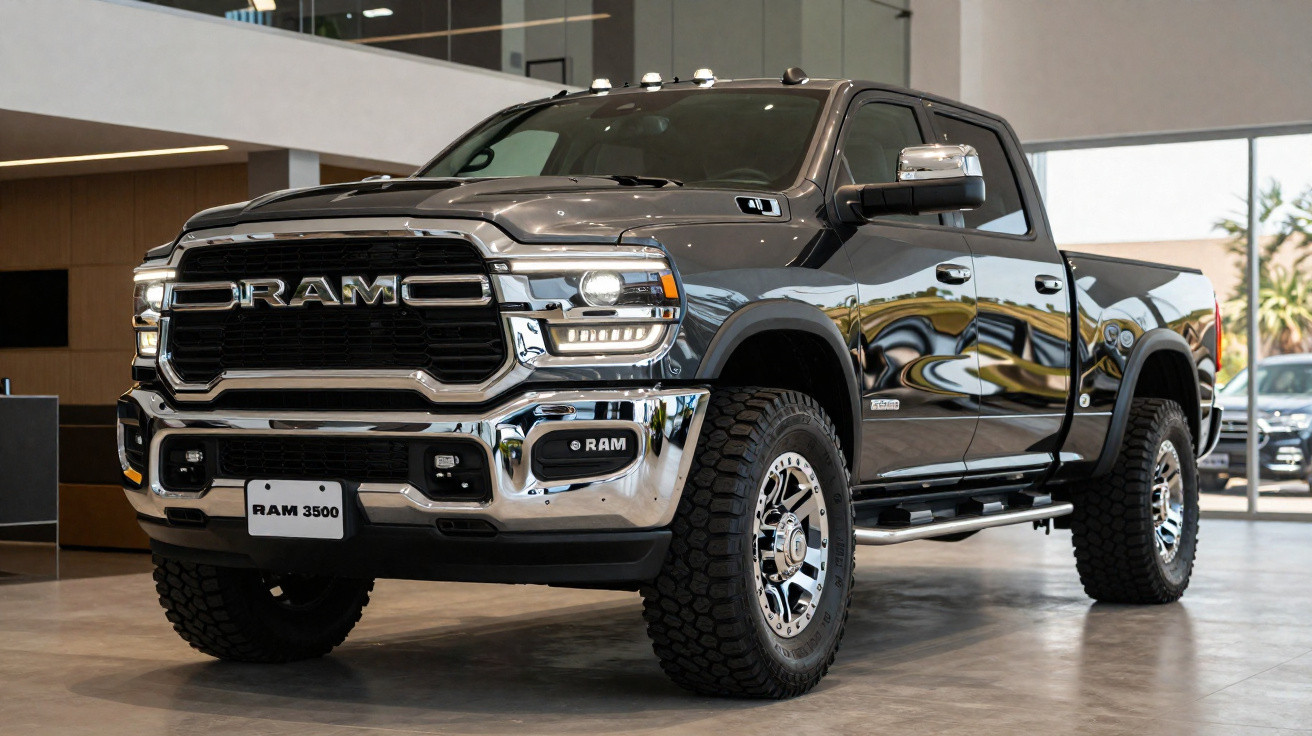Picape RAM 3500 cinza estacionada em showroom com detalhes em cromado e pneus robustos.