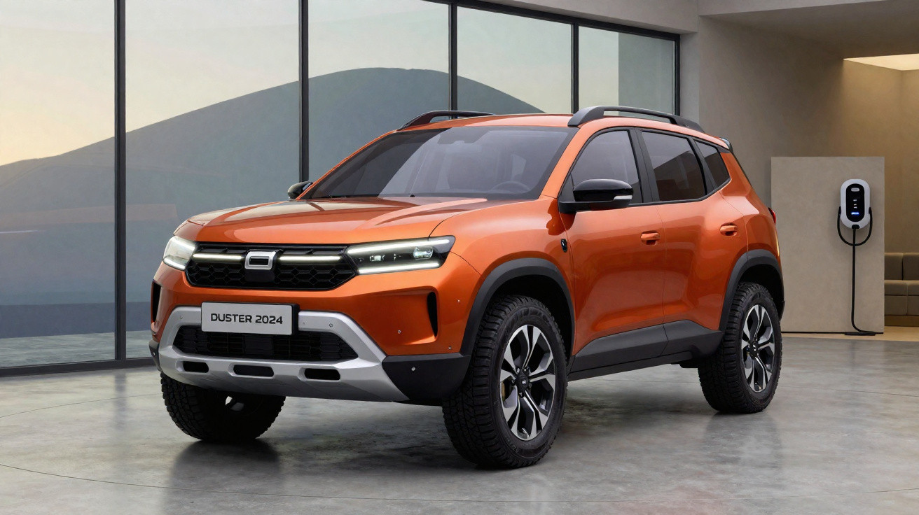 SUV Duster 2024 laranja estacionado em garagem moderna com carregador elétrico na parede.