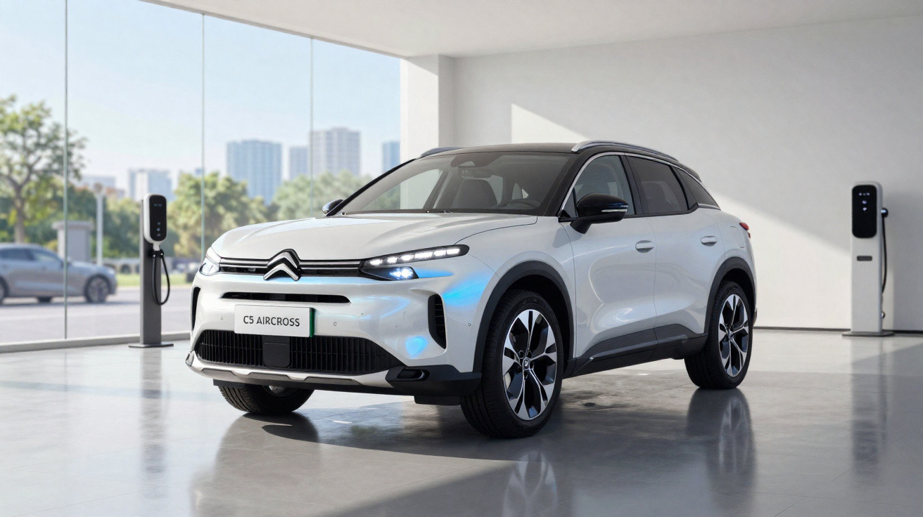 Carro elétrico Citroën C5 Aircross branco em showroom moderno com carregadores ao fundo.