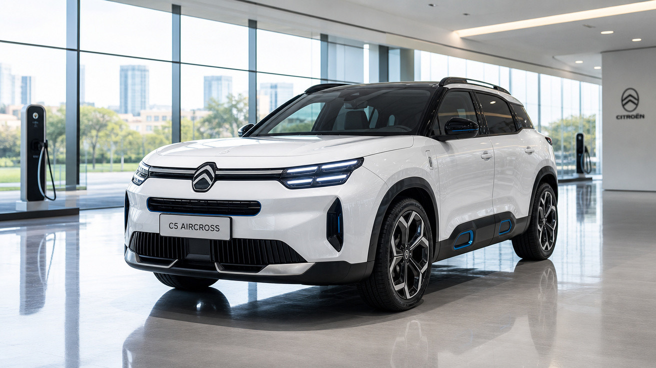 Carro Citroën C5 Aircross branco estacionado em showroom moderno com grandes janelas.