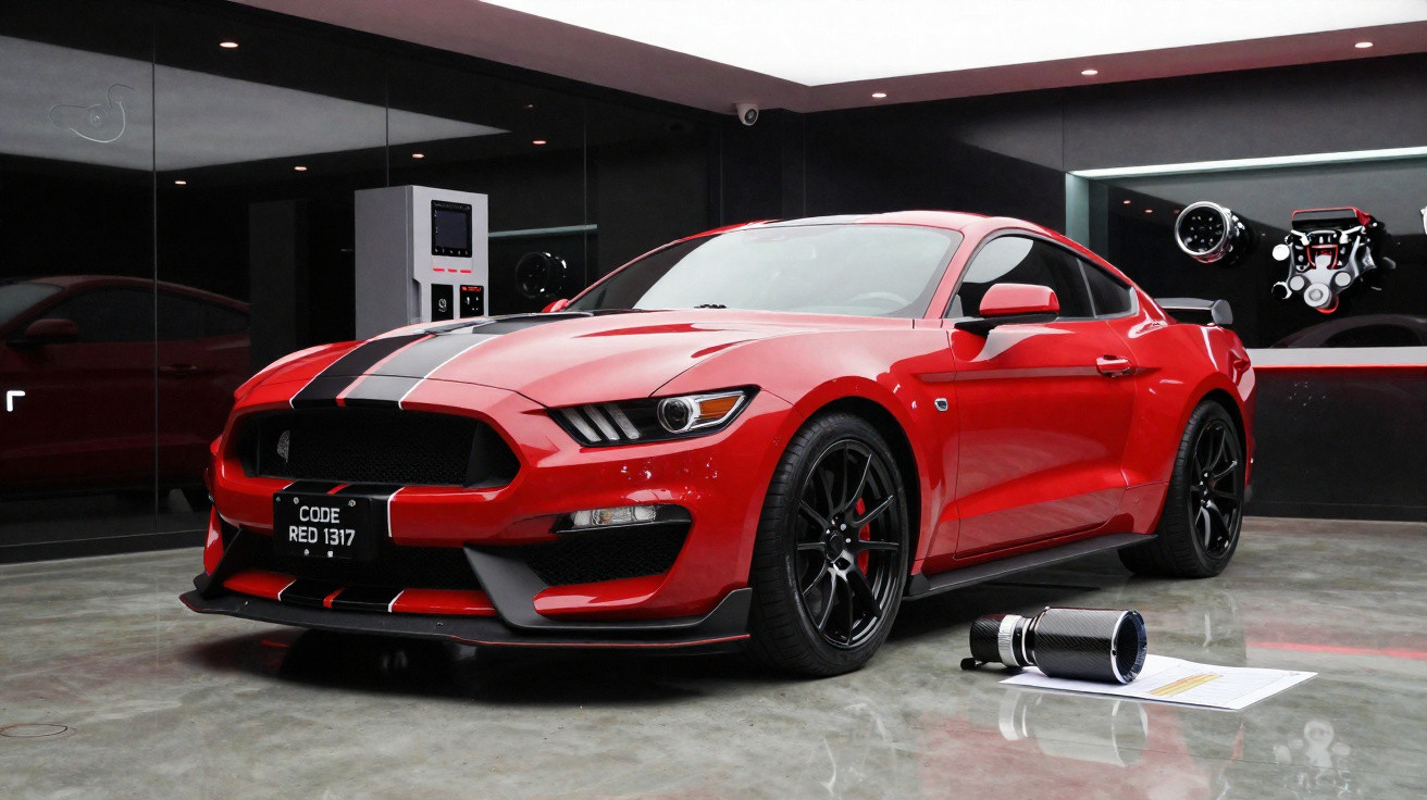 Carro esportivo vermelho com faixa preta estacionado em garagem moderna e polida.