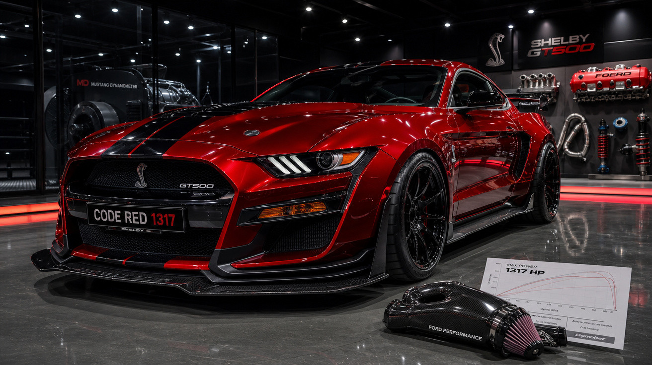 Carro esportivo Shelby GT500 vermelho brilhante em exibição com motor e informações técnicas ao lado.