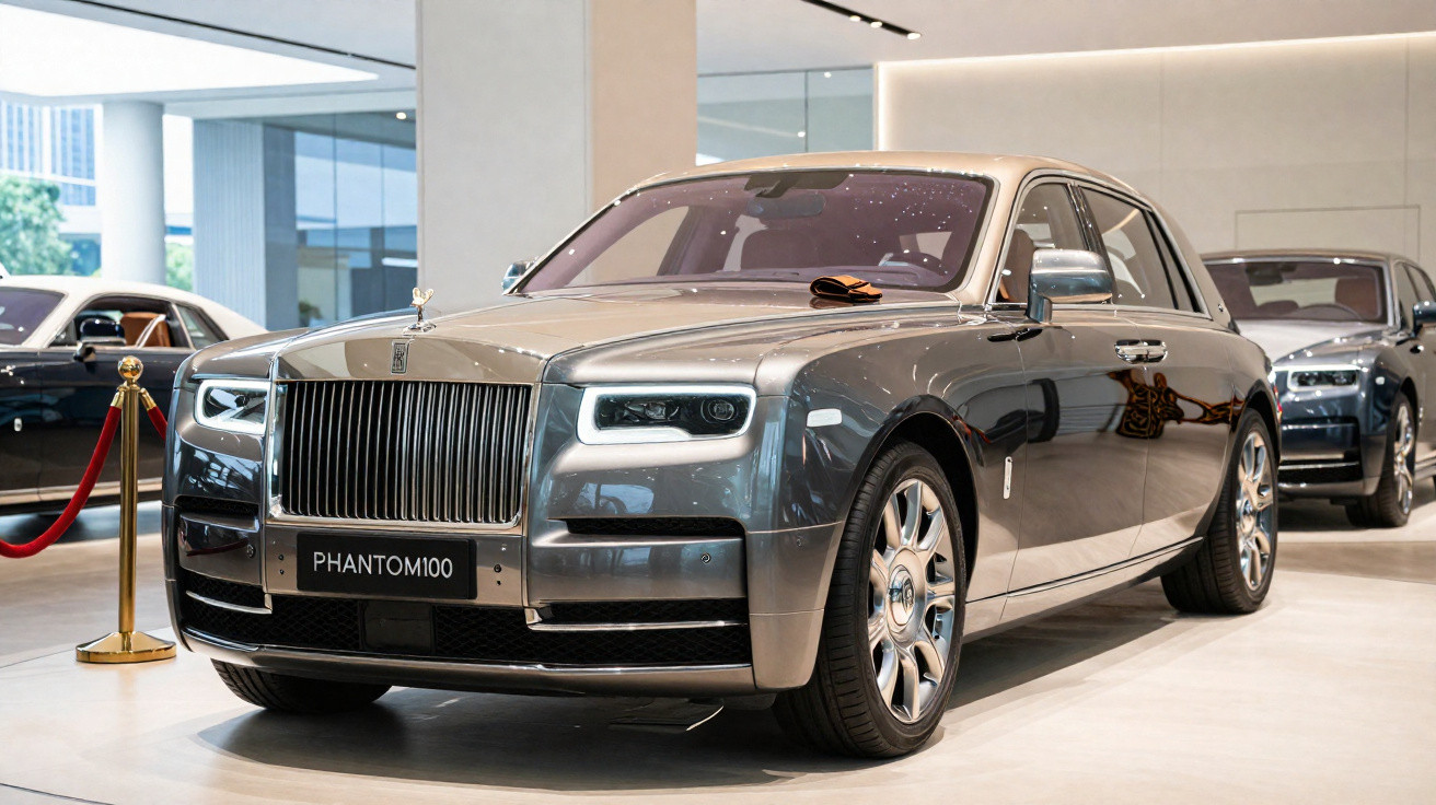 Carro de luxo Rolls-Royce Phantom 100 cinza exibido em showroom moderno com iluminação natural.
