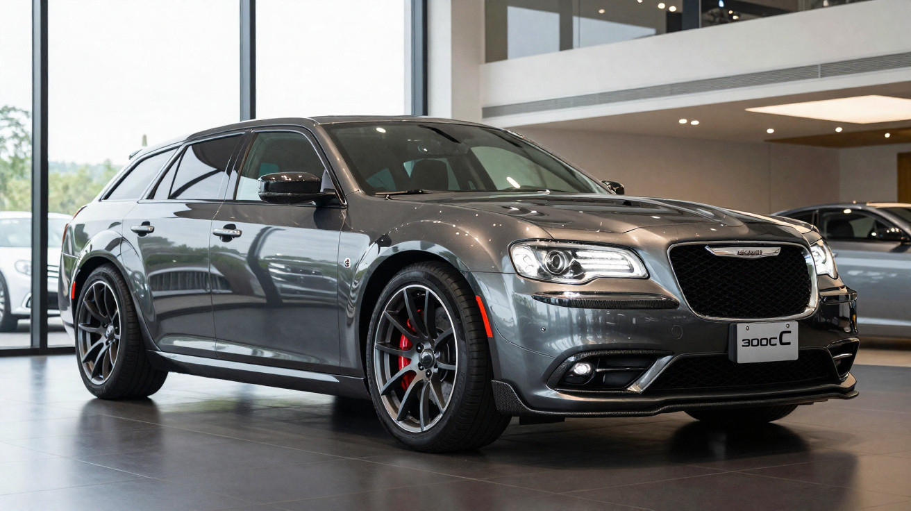 Carro cinza escuro Chrysler 300C em exibição em salão de automóveis moderno.