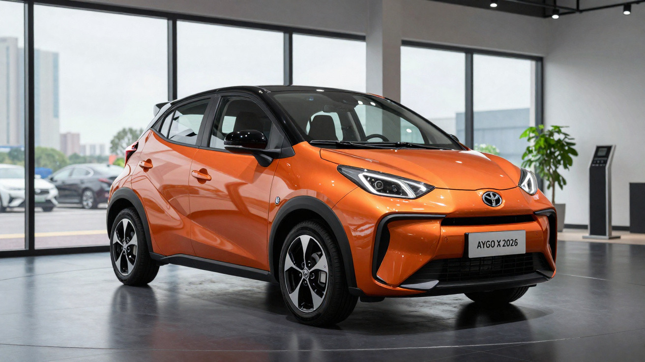Carro Toyota Aygo X 2026 laranja com teto preto em showroom moderno com grandes janelas.
