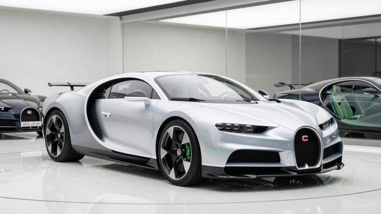 Carro esportivo prata Bugatti Chiron em showroom com paredes espelhadas e outro carro ao fundo.