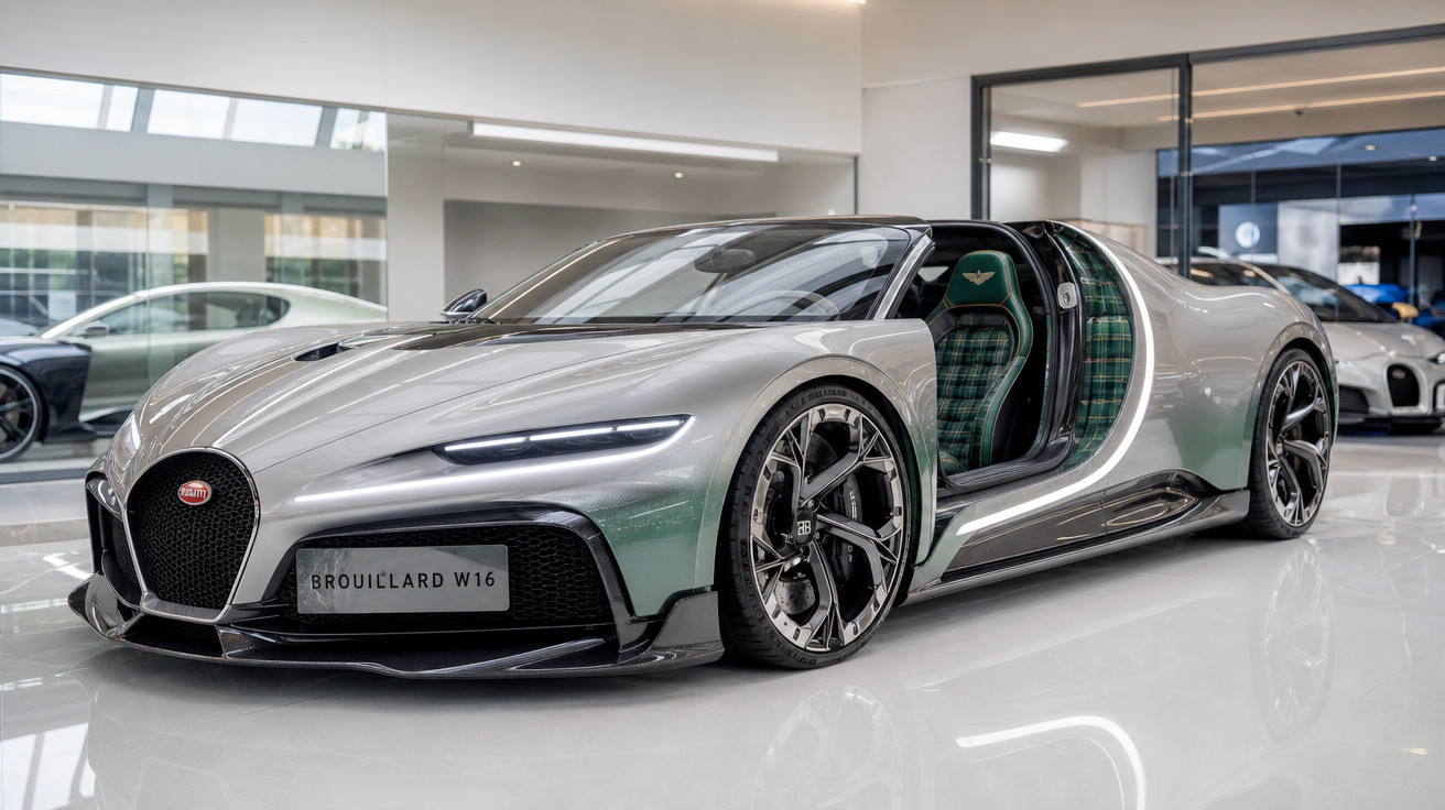 Carro esportivo Bugatti Brouillard W16 prata com porta aberta, interior xadrez verde, em showroom moderno.