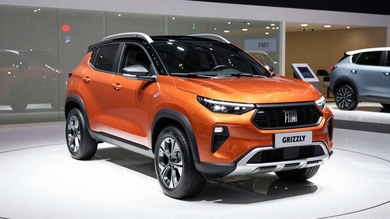 SUV Fiat Grizzly laranja com teto preto em exposição em salão automotivo.