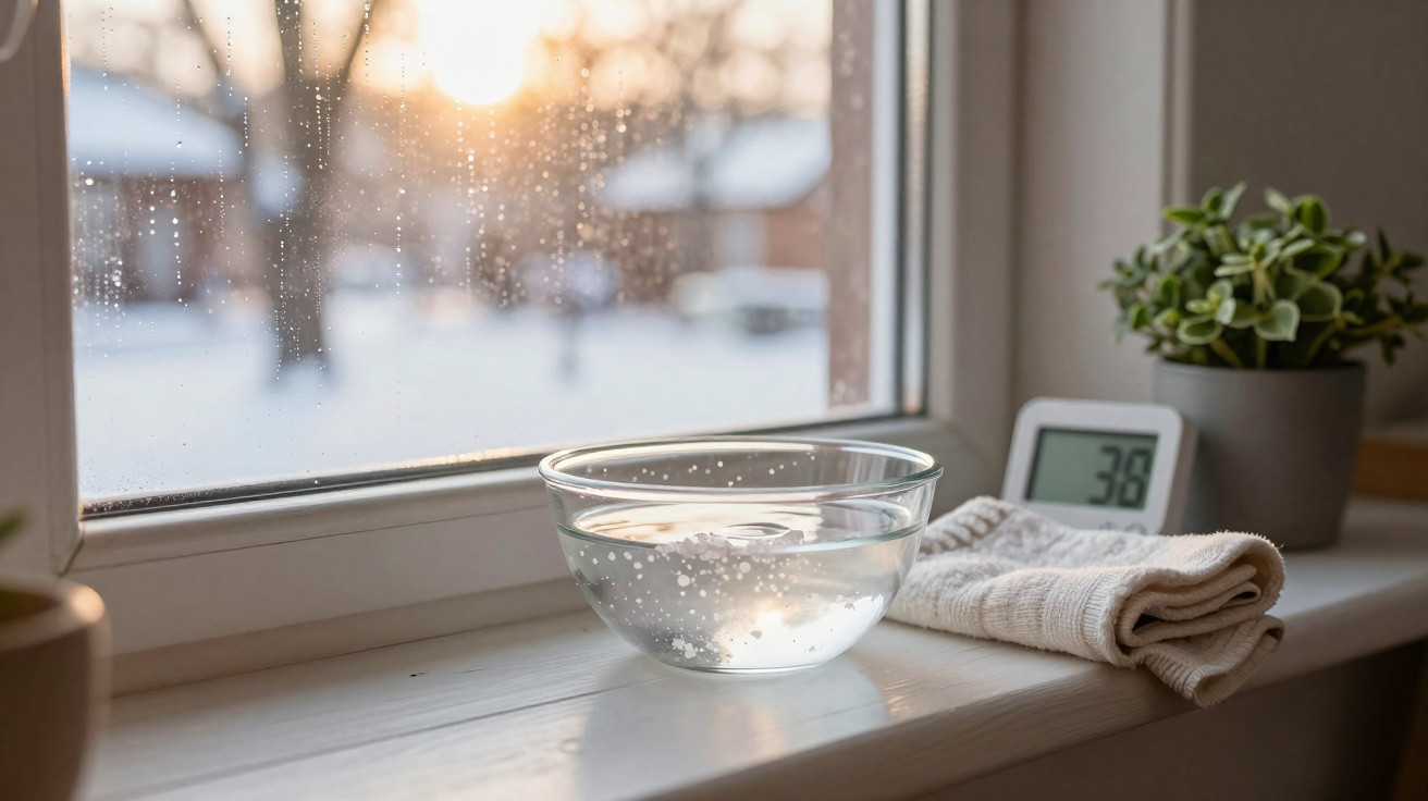 Bacia transparente com água na janela, termômetro marcando 3,8°C, toalha e vaso com planta.