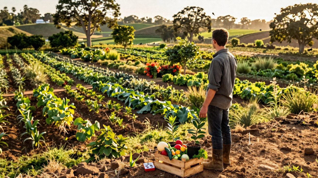 Homem observa horta com vegetais frescos em caixa de madeira ao pôr do sol no campo.