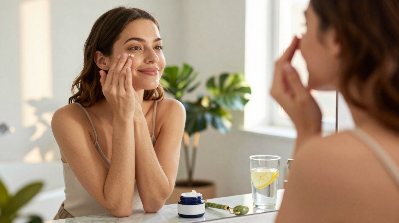 Mulher sorridente aplicando creme facial em frente ao espelho, com copo d'água e planta ao fundo.