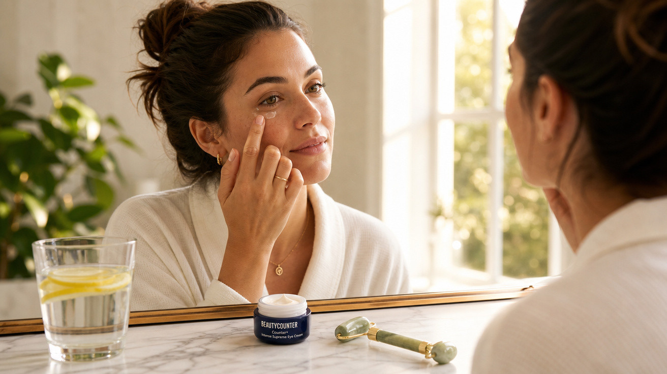Mulher aplicando creme no rosto diante de espelho, com copo de água e massageador facial ao lado.