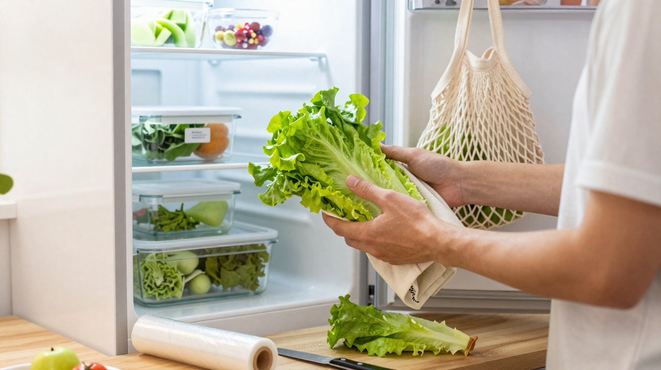 Pessoa guardando folhas de alface em pano no refrigerador aberto com alimentos frescos dentro.