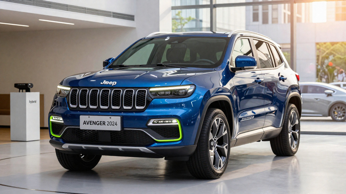 SUV Jeep Avenger 2024 azul exibido em showroom moderno com iluminação natural e detalhes híbridos.