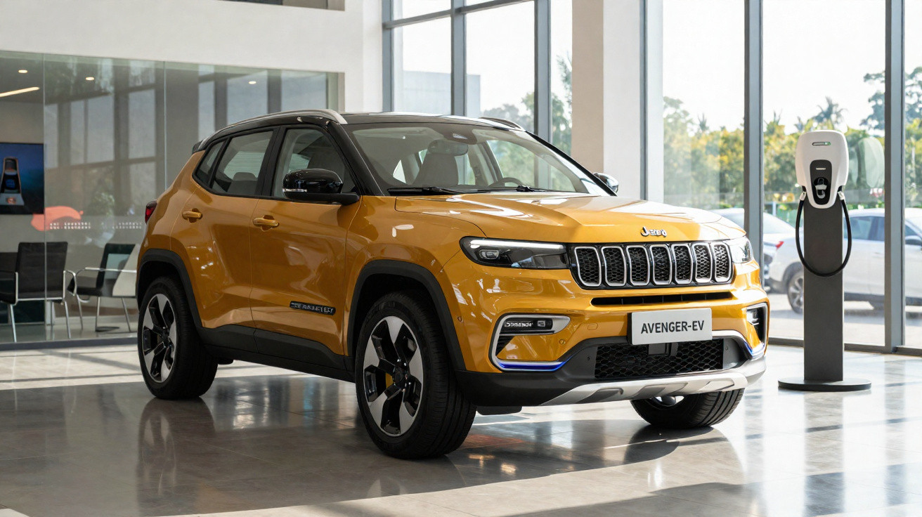 Carro elétrico Jeep Avenger EV amarelo estacionado em showroom com estação de recarga ao lado.