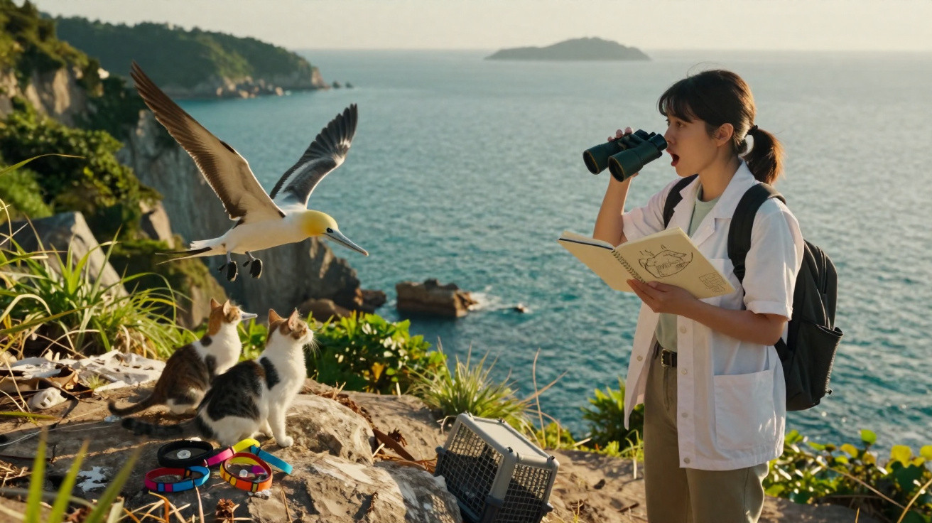 Mulher observa aves marinhas com binóculos enquanto gatos observam pássaro voando em penhasco costeiro.