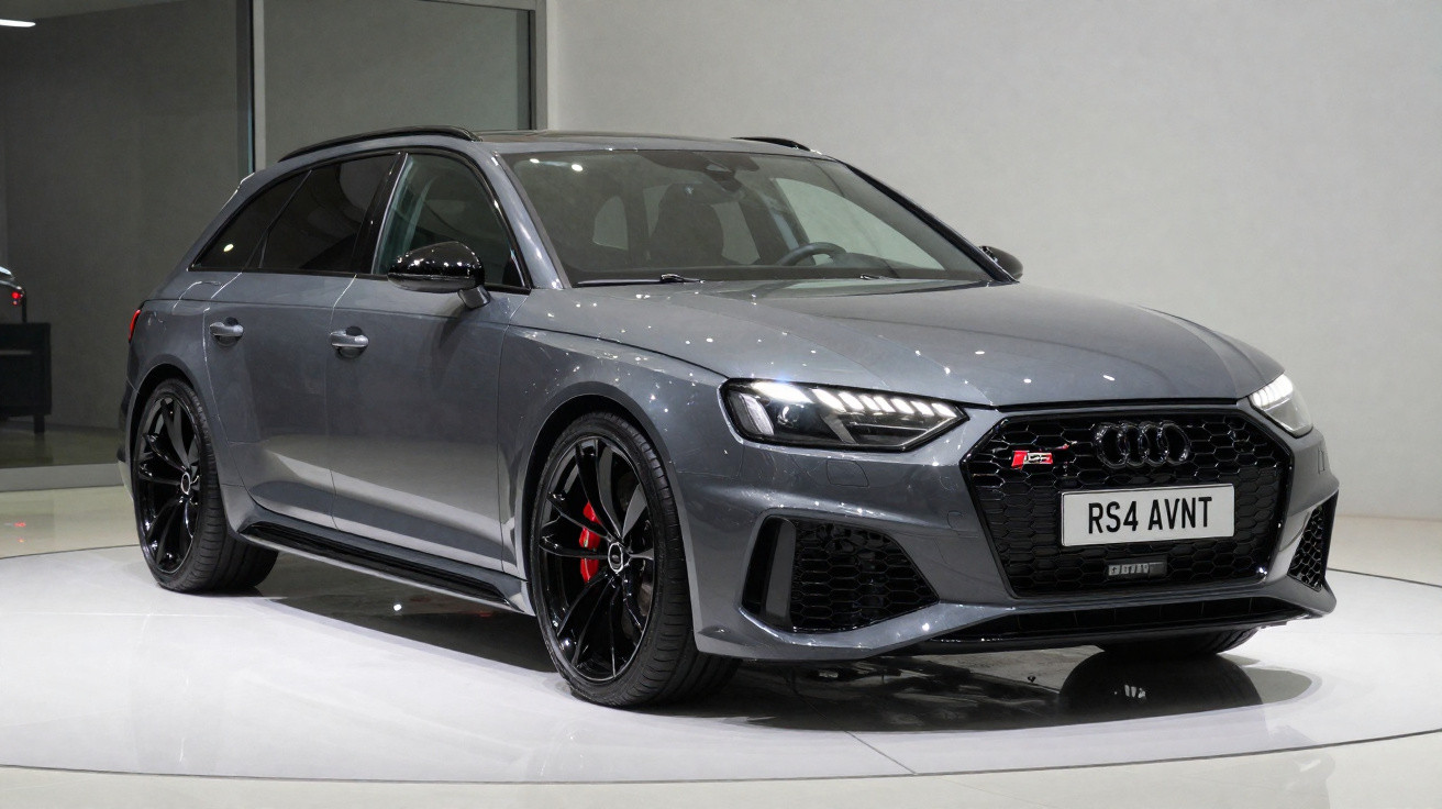 Audi RS4 Avant cinza metálico estacionado em ambiente interno sobre plataforma branca.