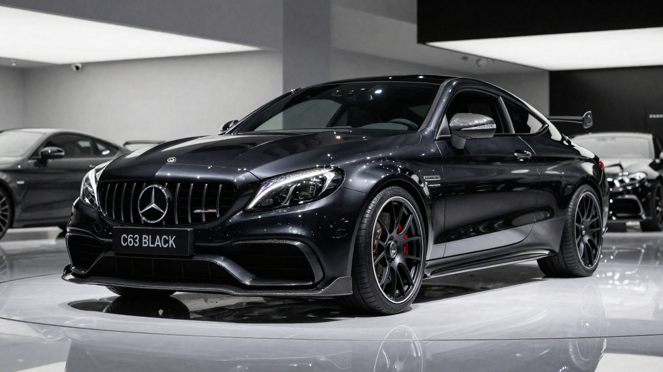 Mercedes-Benz C63 Black esportivo preto exibido em showroom moderno com iluminação branca.