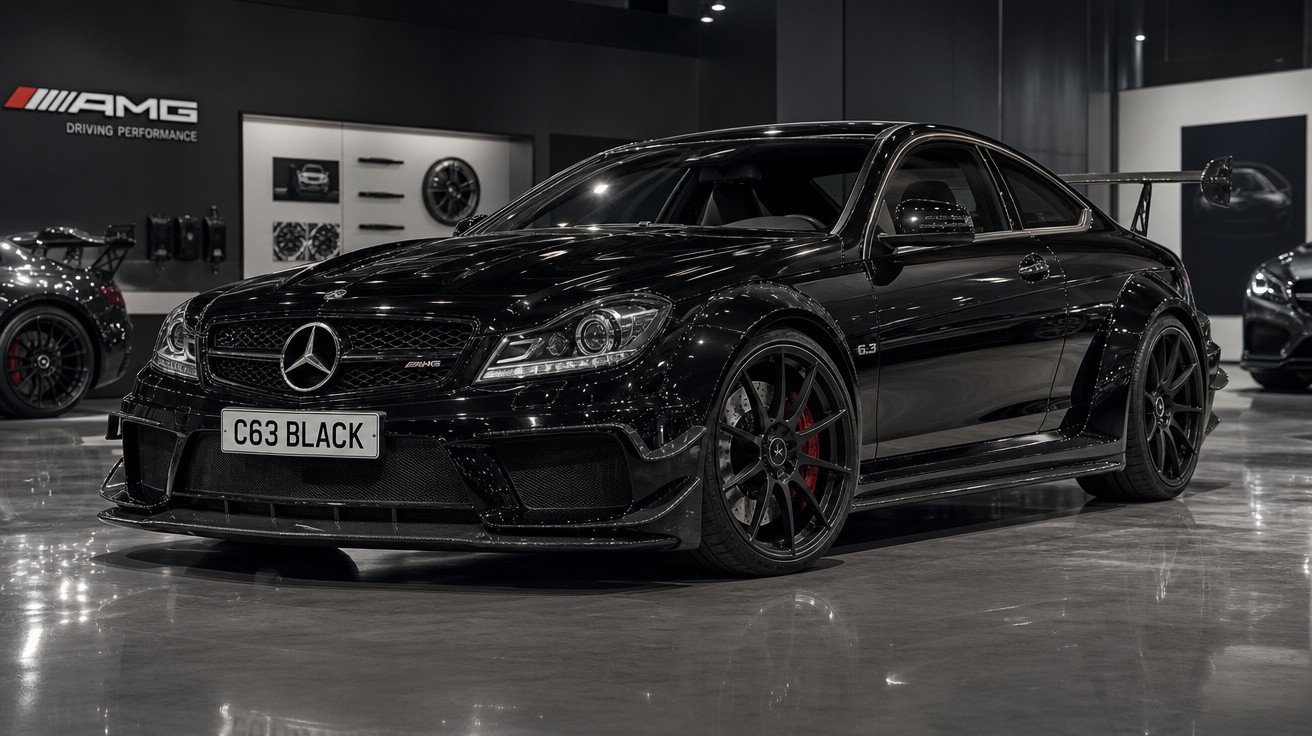 Mercedes-Benz AMG C63 Black Edition preto, esportivo, exibido em showroom moderno e iluminado.