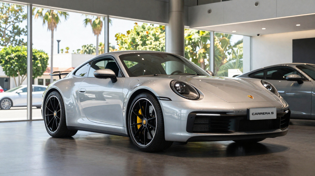 Carro esportivo Porsche Carrera 5 prata exposto em showroom moderno com grandes janelas de vidro.