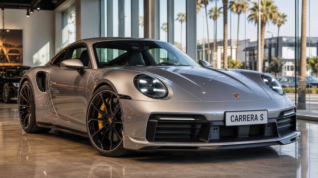 Carro esportivo Porsche Carrera S cinza prateado exibido em showroom moderno com janelas grandes e palmeiras.