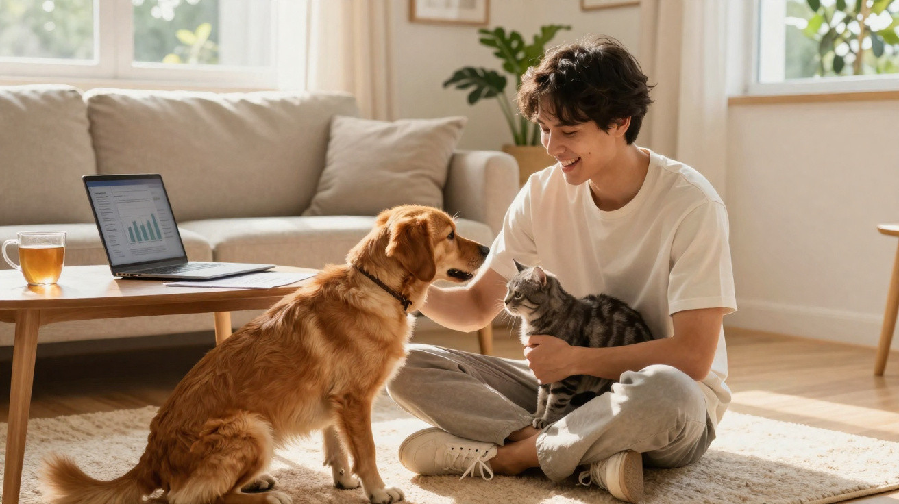 Jovem sentado no chão acariciando um cachorro e segurando um gato, com laptop e chá na mesa ao fundo.
