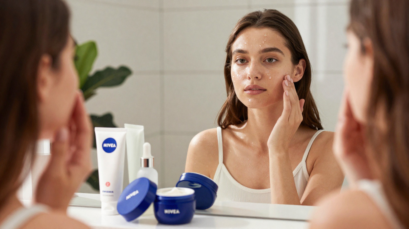 Mulher aplicando creme facial, com produtos Nivea dispostos em bancada diante do espelho.
