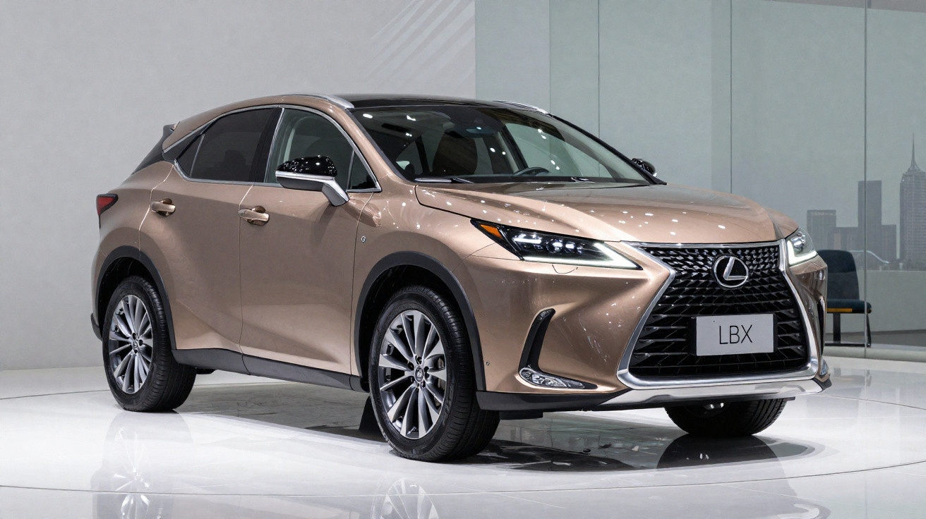 Carro SUV Lexus LBX bronze exibido em ambiente interno com chão branco brilhante.