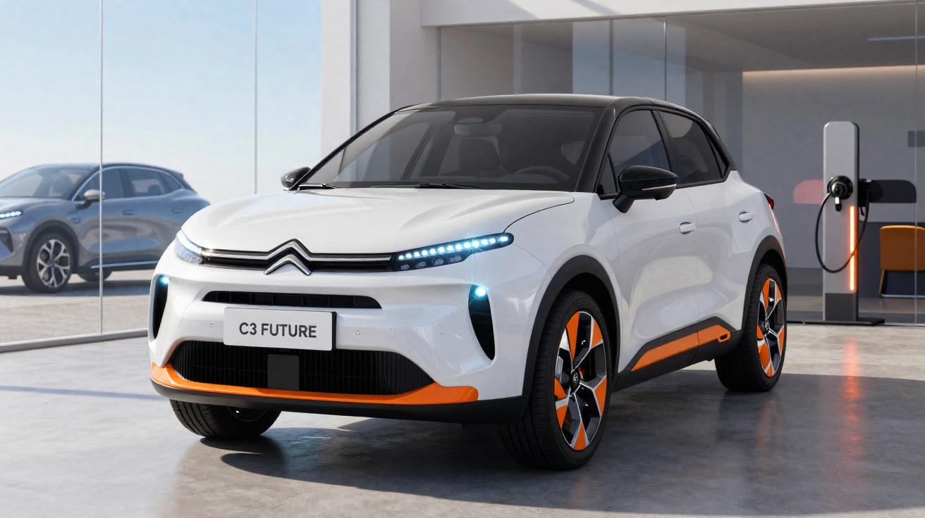 Carro elétrico Citroën C3 Future branco com detalhes laranja em showroom moderno com estação de recarga.
