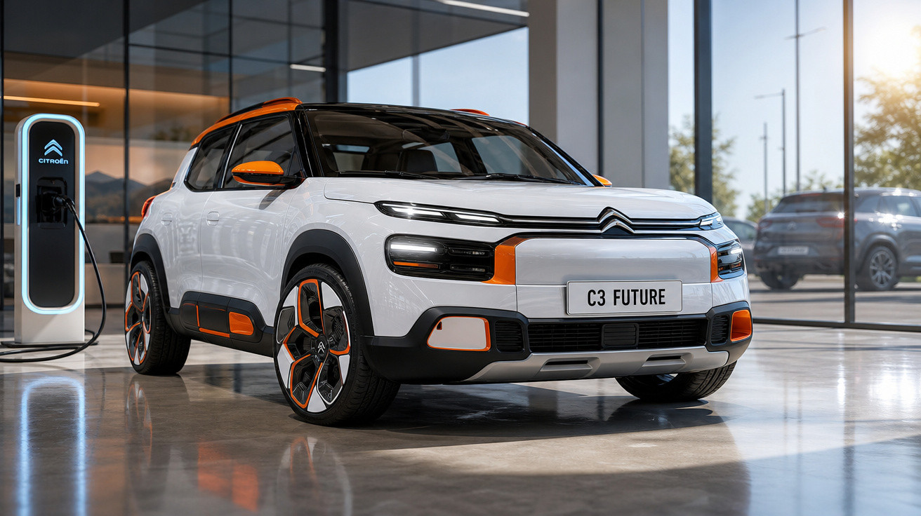 Carro elétrico Citroën C3 Future branco com detalhes em laranja carregando em estação interna moderna.