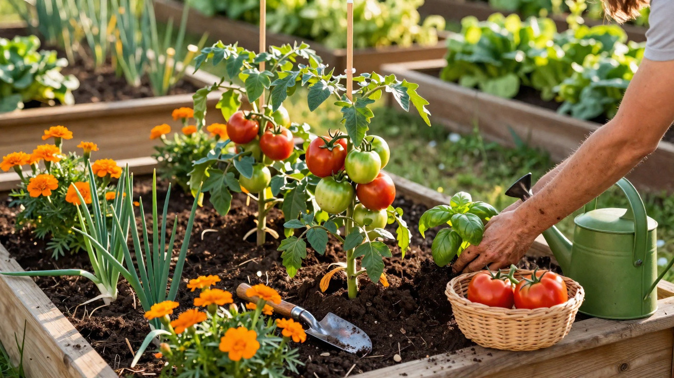 Horta com pés de tomate, flores amarelas, cebolinha e pessoa colhendo tomates maduros em cesta.