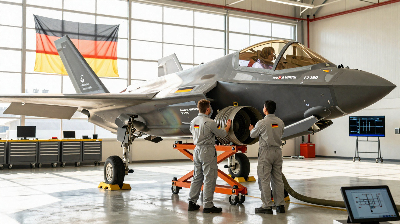 Dois técnicos em macacões cinza seguram peça de motor próximo a caça furtivo em hangar alemão.