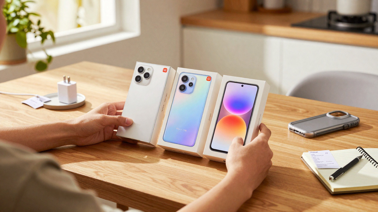 Pessoa segurando caixas de smartphones Xiaomi em mesa de madeira com caderno, caneta e carregador.