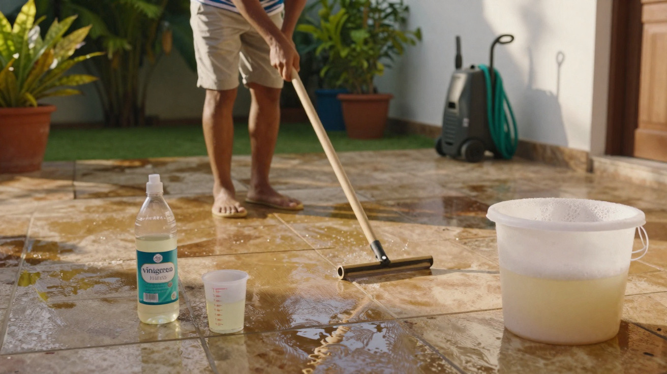 Pessoa limpando piso externo com rodo, ao lado de balde, copo medidor e garrafa de vinagre branco.