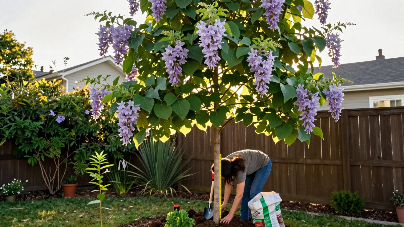 Pessoa plantando árvore com flores lilás em jardim residencial ao entardecer.