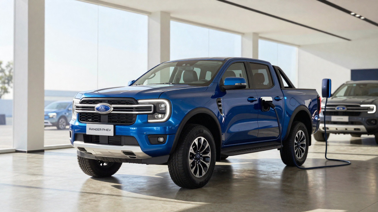Picape Ford Ranger PHEV azul sendo carregada em showroom moderno.