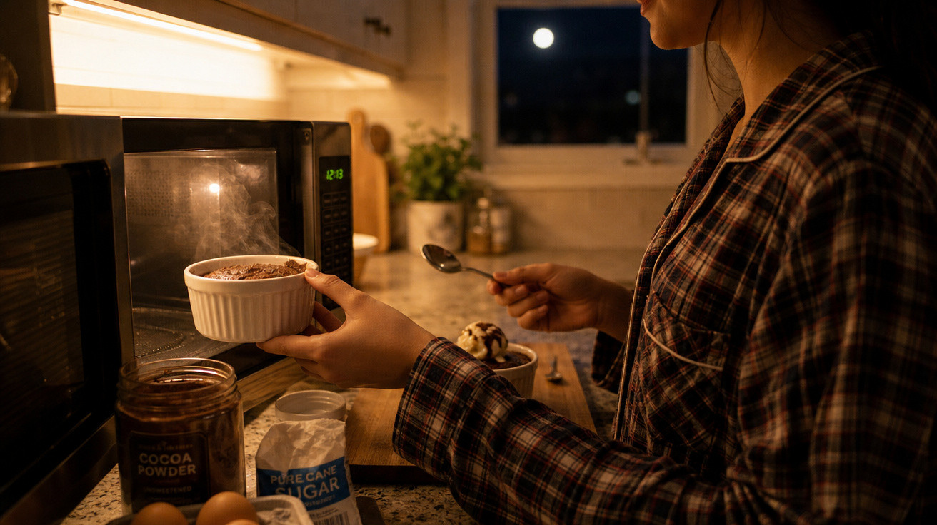 Pessoa segura tigela com sobremesa perto do micro-ondas em cozinha à noite iluminada pela lua cheia.