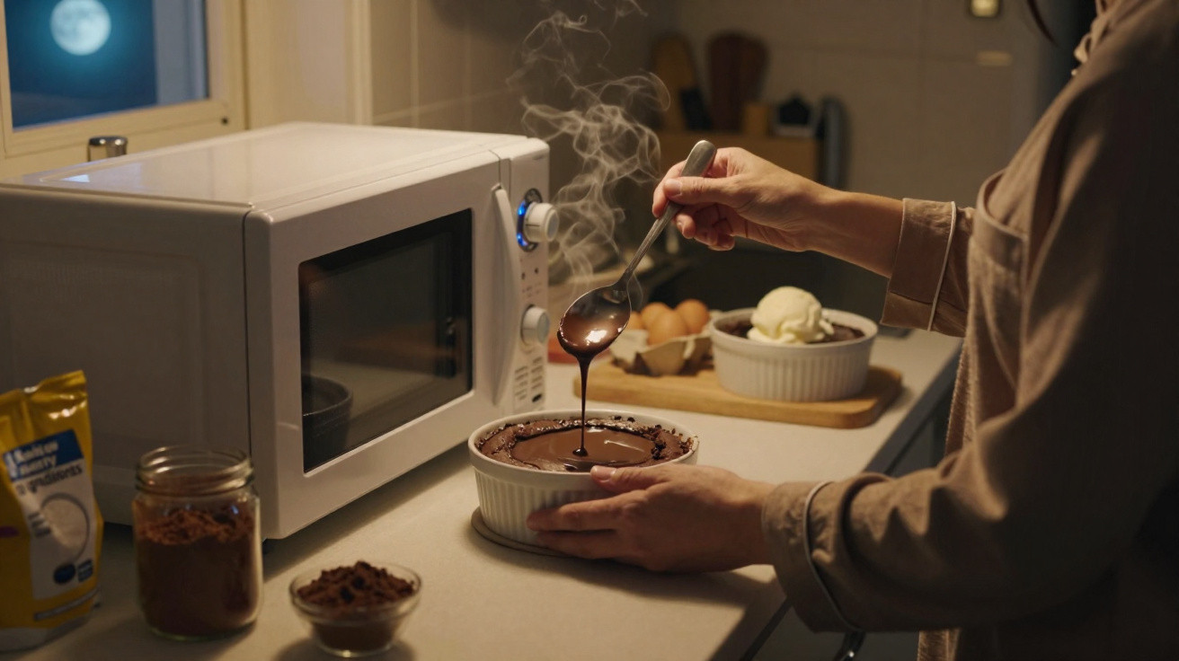 Pessoa derramando calda quente sobre sobremesa de chocolate em recipiente branco na cozinha à noite.