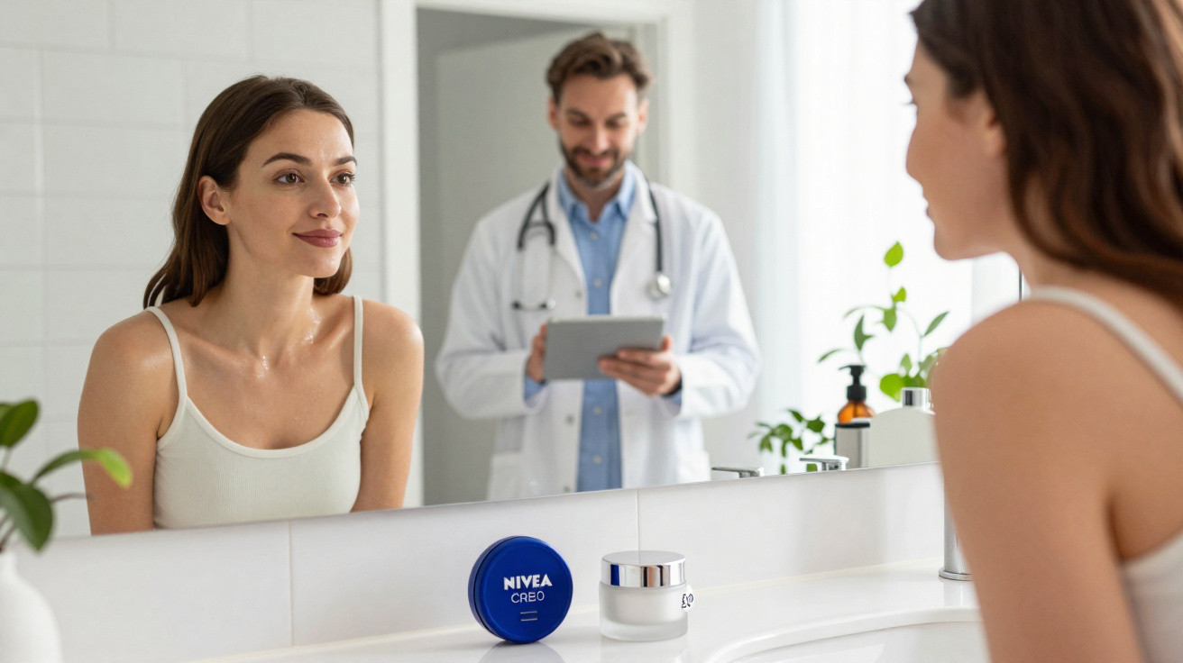 Mulher olhando no espelho em banheiro com produtos Nivea e médico ao fundo em ambiente claro.