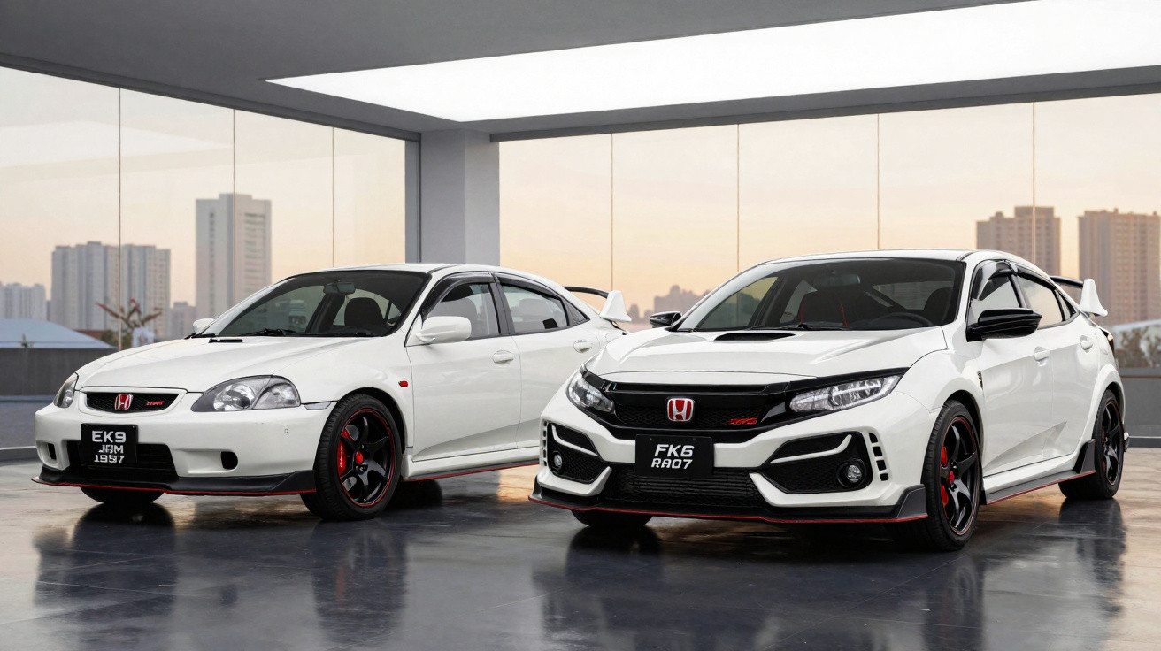 Dois carros esportivos Honda Civic Type R brancos lado a lado em garagem com vista urbana ao fundo.