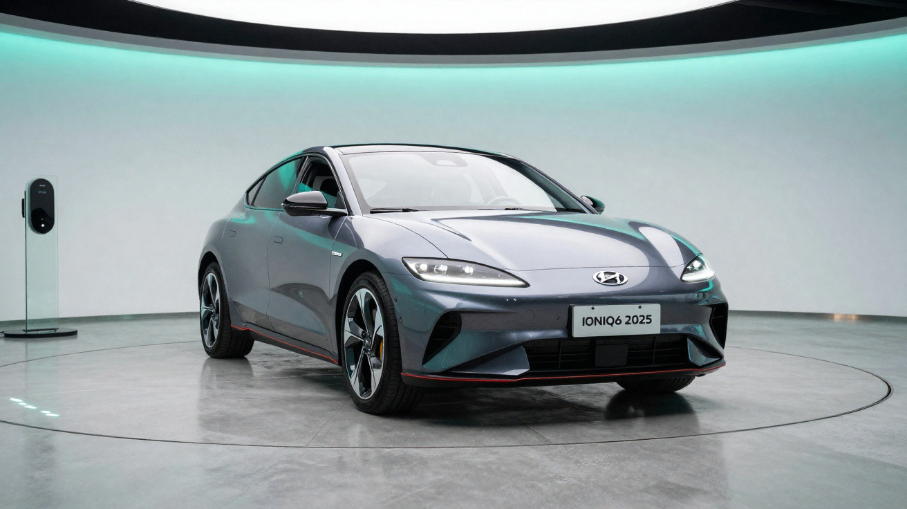 Carro elétrico Hyundai Ioniq 6 2025 cinza exibido em estúdio moderno com carregador ao fundo.
