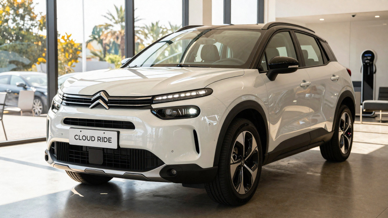Carro Citroën Cloud Ride branco em exposição em ambiente interno com janela grande ao fundo.