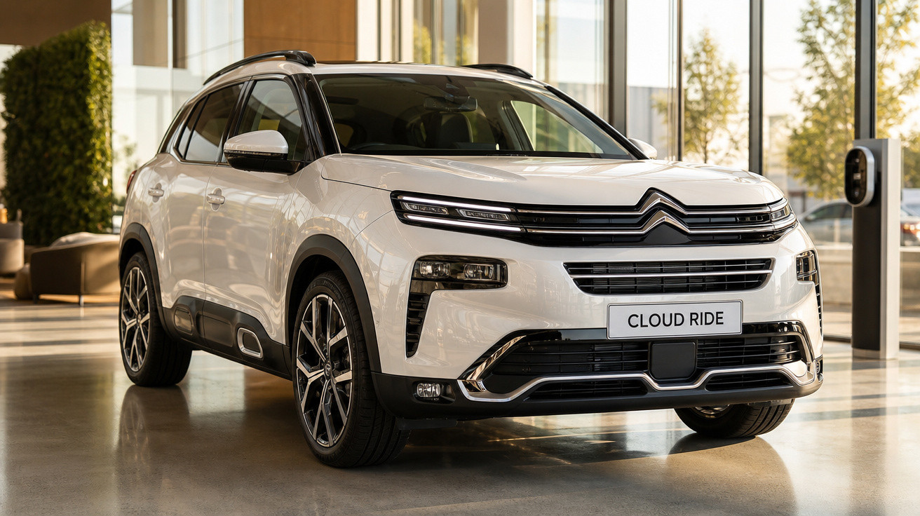 Carro SUV Citroën Cloud Ride branco em showroom moderno com piso refletivo e luz natural entrando pelas janelas.