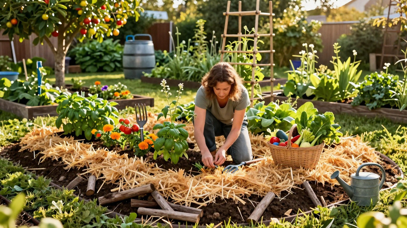 Mulher cuidando de plantas em jardim com cama elevada e cesta de vegetais frescos ao lado.