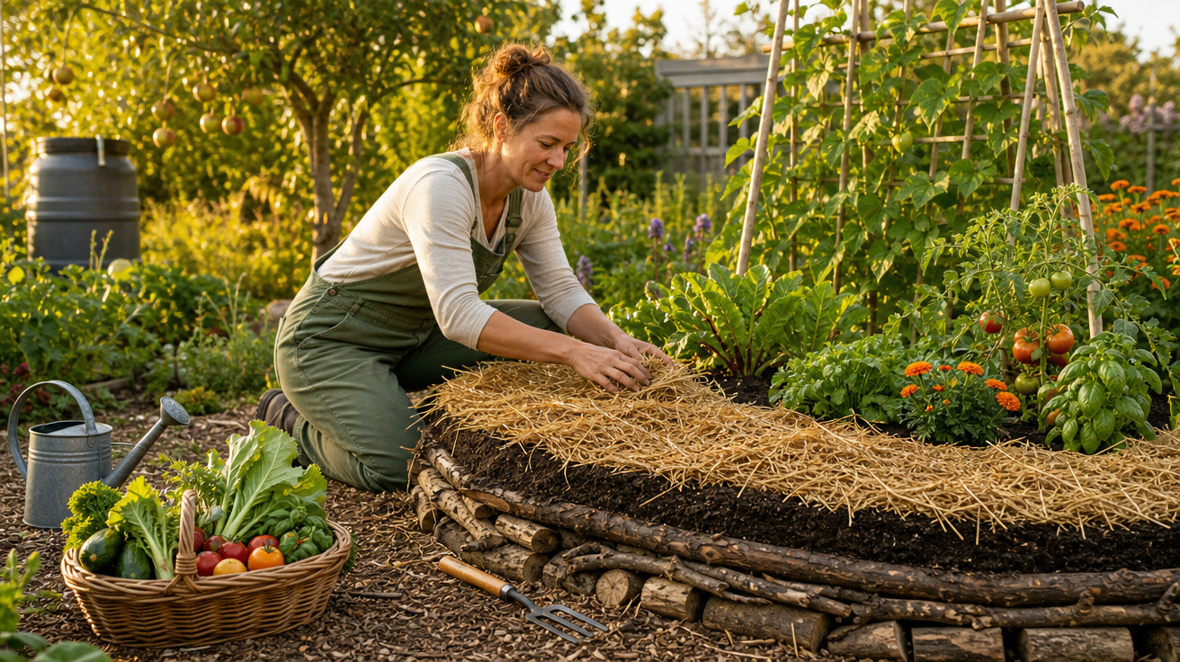 Mulher cuidando de horta orgânica com plantas, legumes e frutas em canteiros elevados ao ar livre.