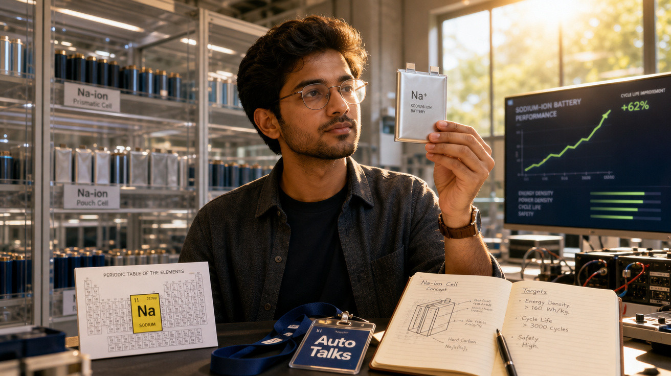 Homem em laboratório analisando célula de bateria de sódio com gráficos e caderno de anotações ao redor.